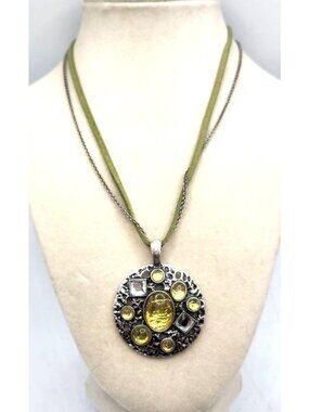 Round Yellow Gemstone Pendant Necklace With Green Suede Cord & Chain By Lia Soph